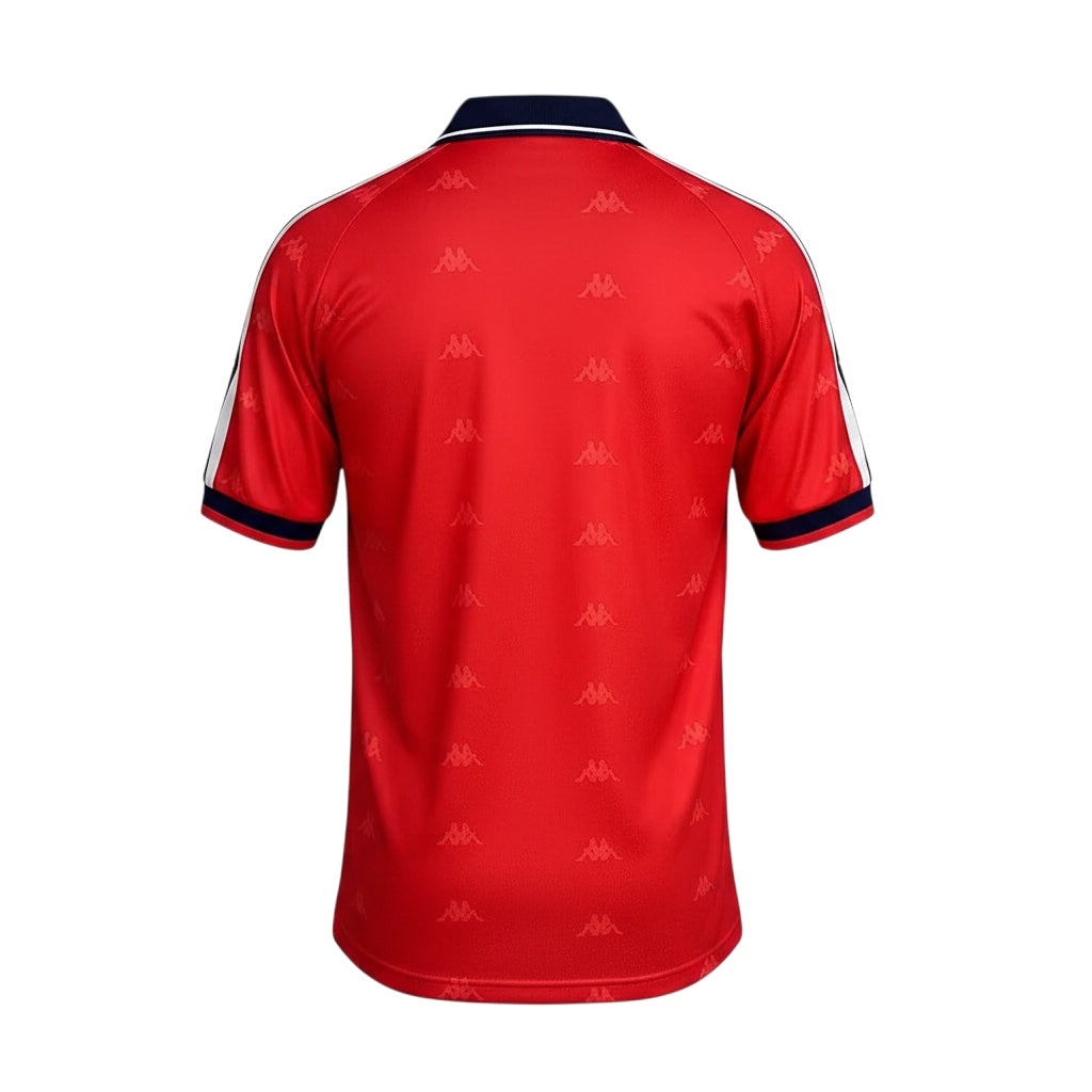 Archive Football Osasuna 1996/97 home retro jersey in red with navy collar and repeating logo pattern on back