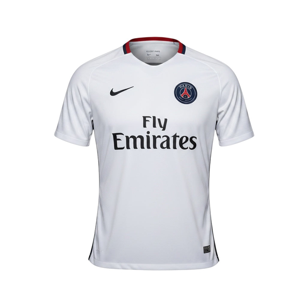 Archive Football Paris Saint-Germain 2015/16 away jersey in white with embroidered crest and sponsor logos