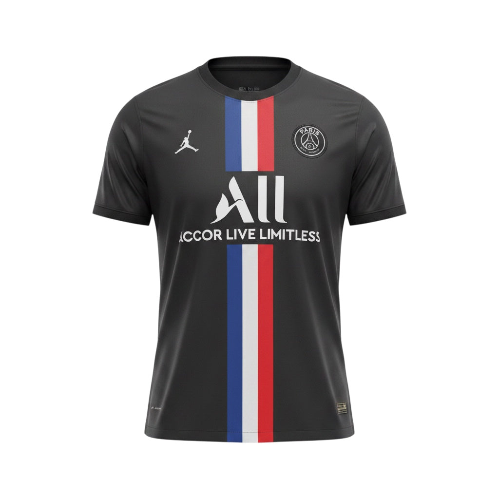 Archive Football Paris Saint-Germain 2019/20 retro jersey in black with a central red, white, and blue vertical stripe