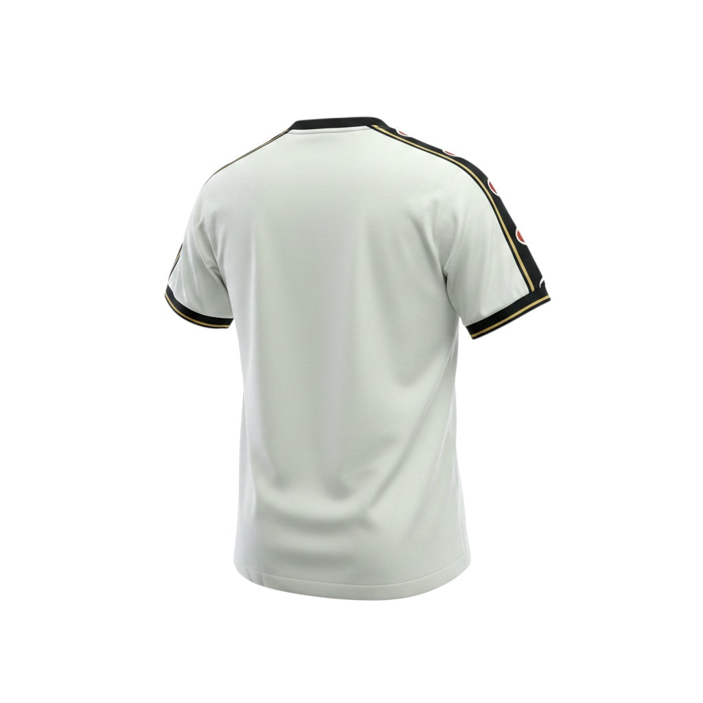 Archive Football Parma 1993/94 retro home jersey, white shirt with black and gold sleeve trim, back view.