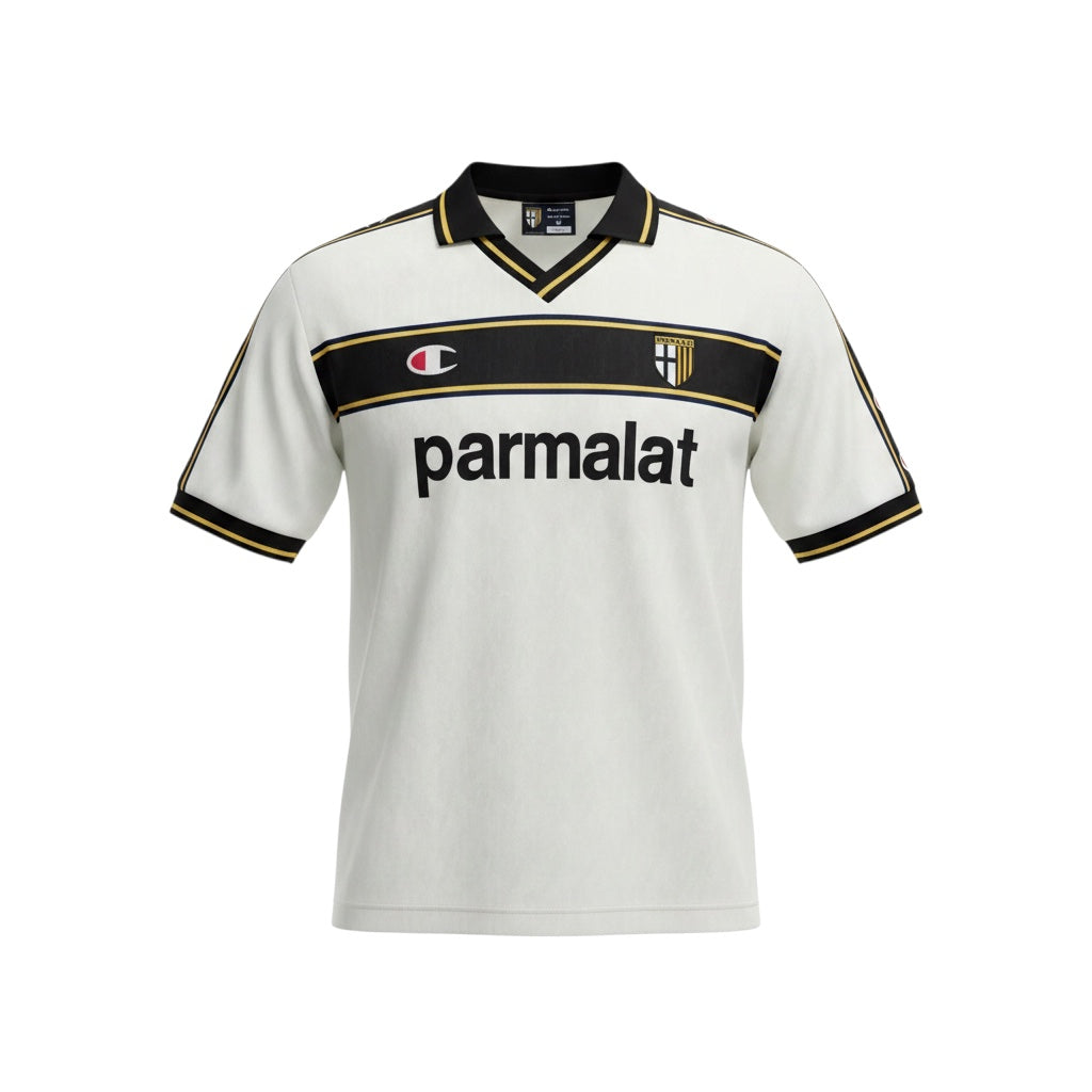 Archive Football Parma 1993/94 retro home jersey in white with black and gold trim and iconic parmalat sponsor logo.
