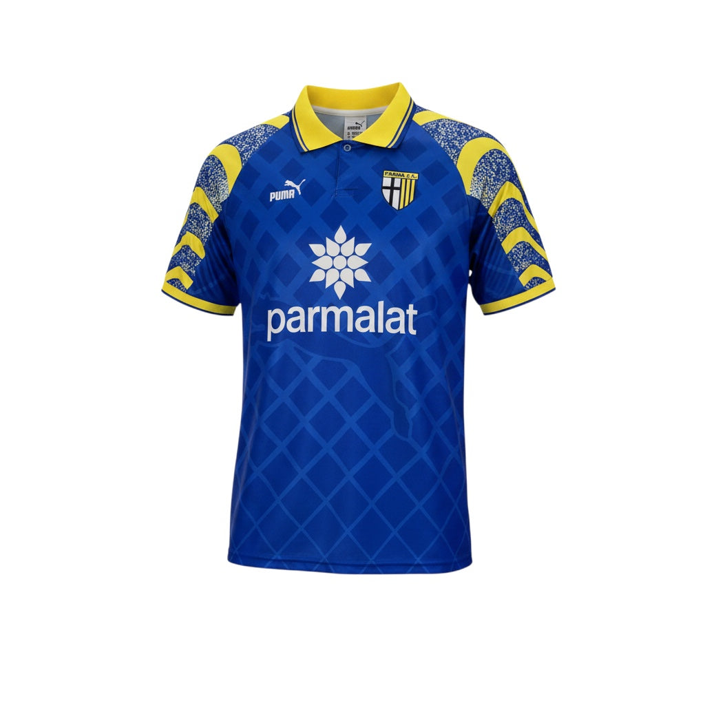 Archive Football Parma 1995/97 third retro jersey in blue and yellow with classic collar and sponsor logos