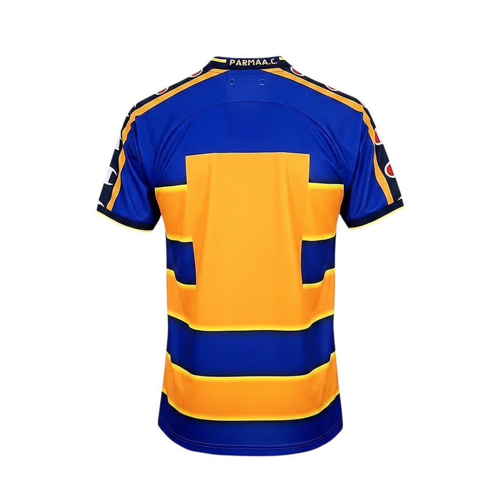 Archive Football Parma 2002/03 retro home jersey in blue and yellow with classic striped design and back view