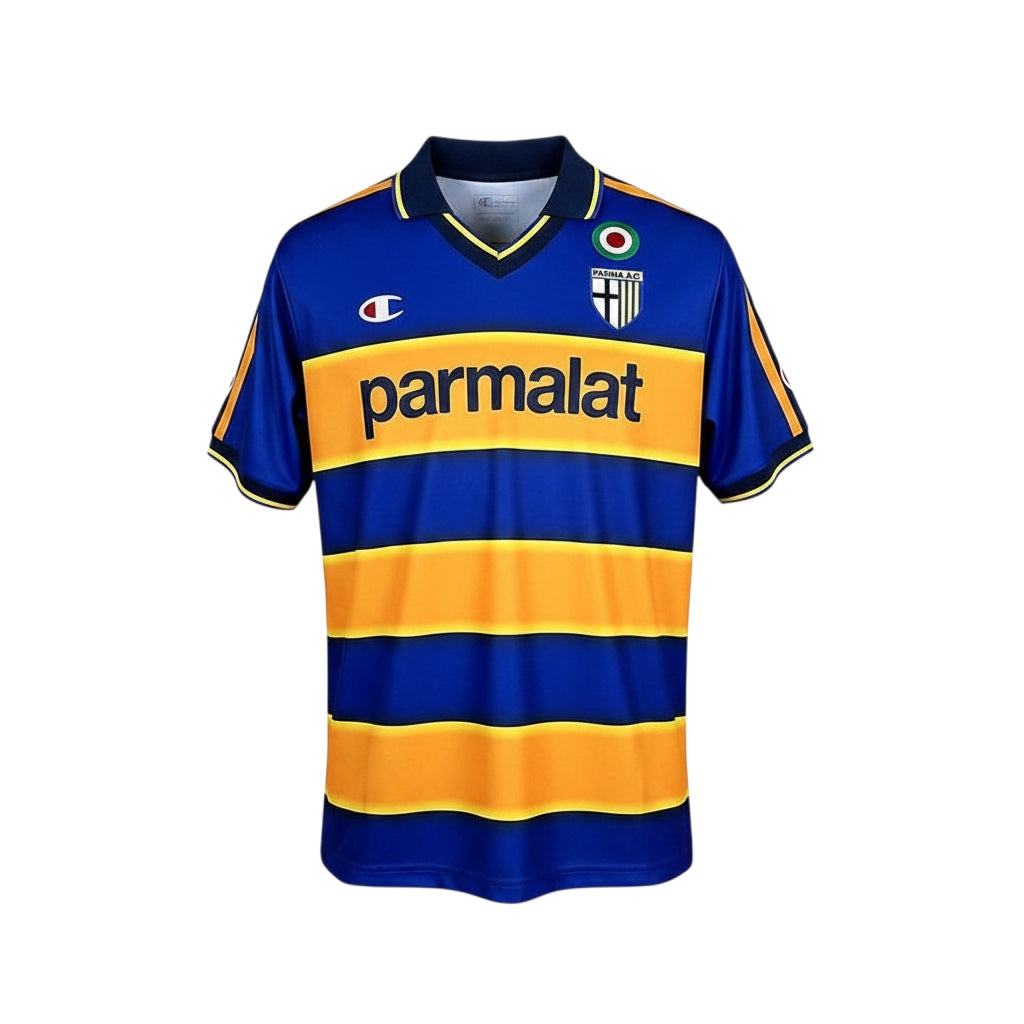 Archive Football Parma 2002/03 retro home jersey in blue and yellow with embroidered crest and sponsor logo.