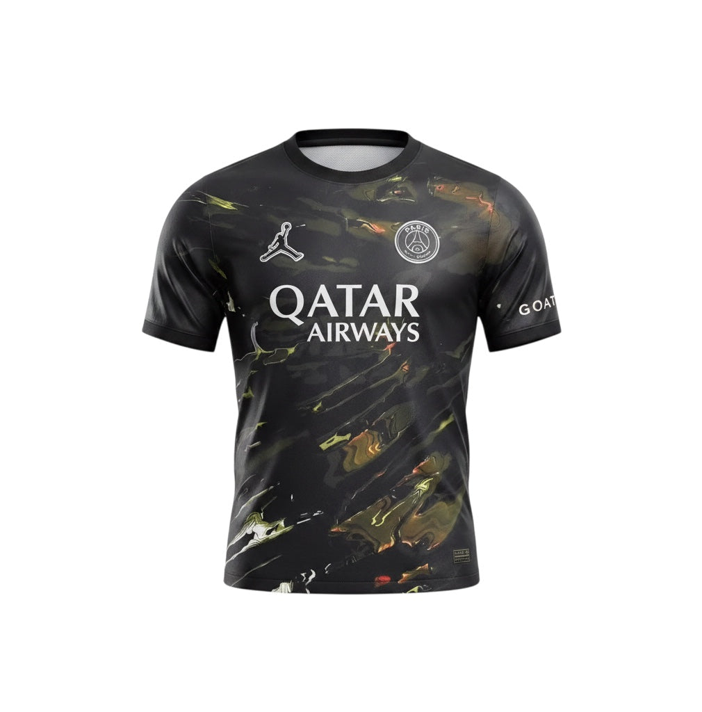 Archive Football Paris Saint-Germain 2026/27 fifth jersey in black with abstract gold and green marble-like pattern