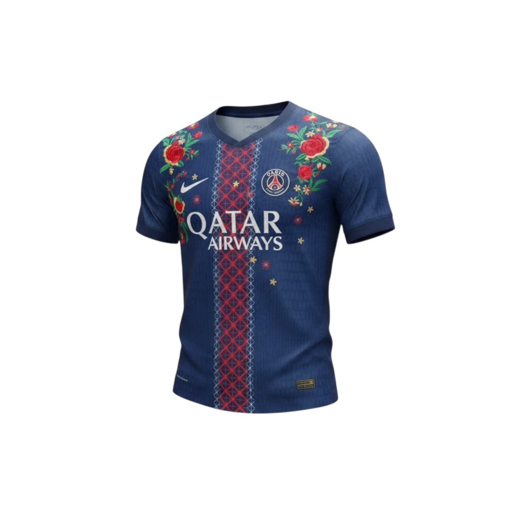 Archive Football Paris Saint-Germain 2025/26 home jersey in navy blue with floral embroidery and team emblem