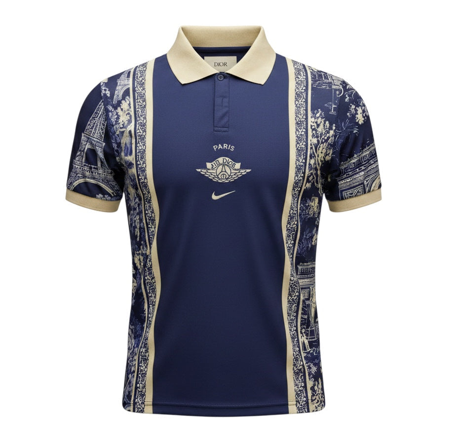 Archive Football Paris Saint-Germain special edition jersey in navy blue and beige with intricate Parisian graphics.