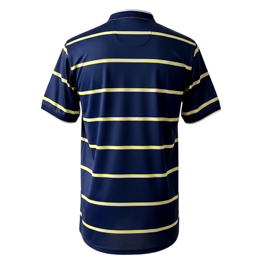 Back view of Archive Football Pumas 1998 retro home jersey in navy blue with horizontal yellow and white stripes.