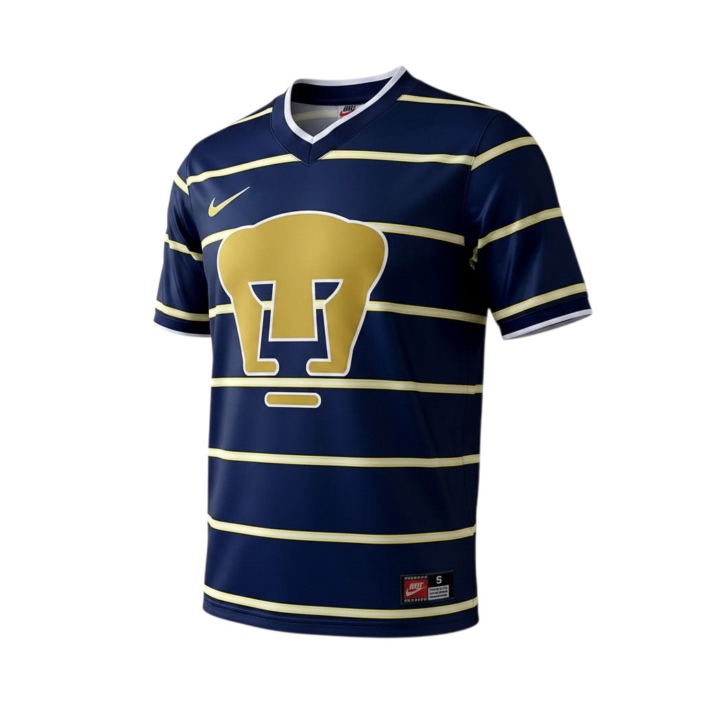 Archive Football Pumas 1998 home retro jersey in navy blue with gold horizontal stripes and embroidered club crest