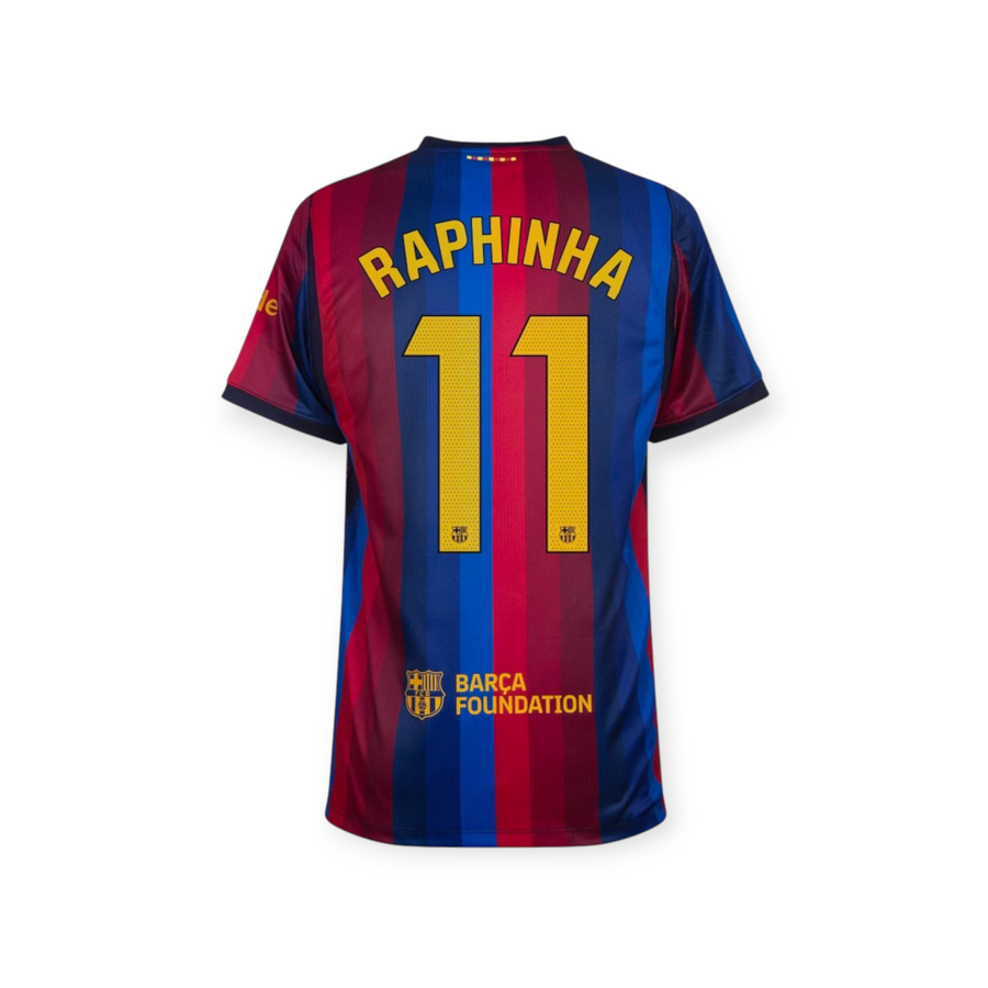 Archive Football FC Barcelona home jersey with Raphinha name and number 11 in blue and red striped polyester