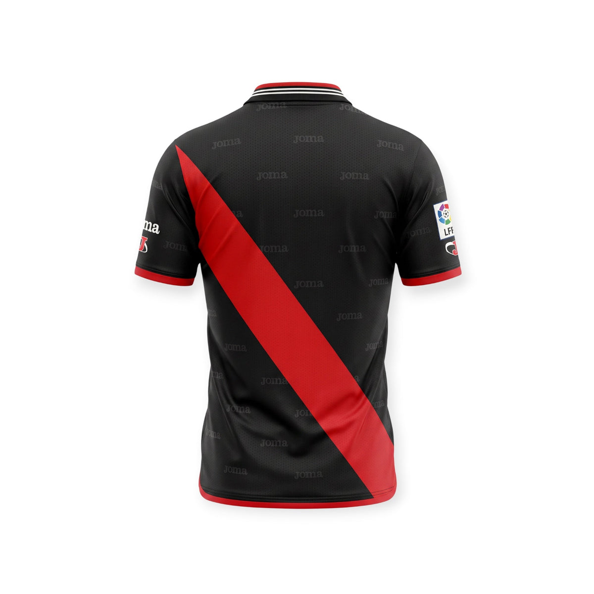 Archive Football Rayo Vallecano 2000/01 away retro jersey in black with a red diagonal sash and polo collar
