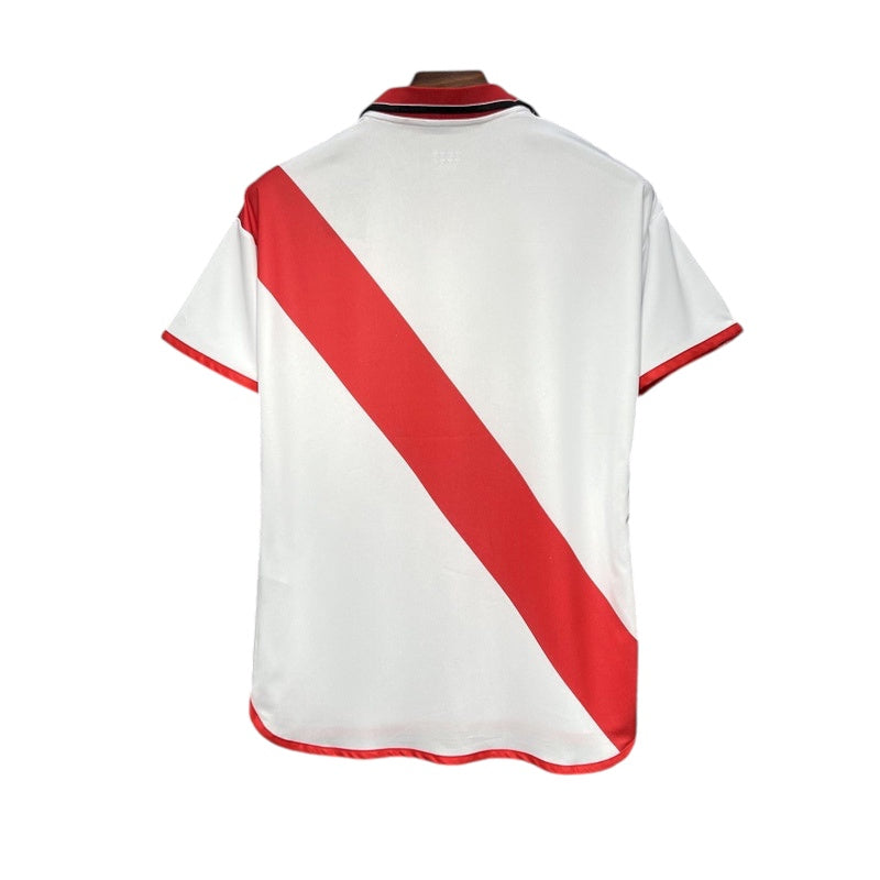 Archive Football Rayo Vallecano 2001/02 home retro jersey, white shirt with iconic red diagonal sash and polo collar.