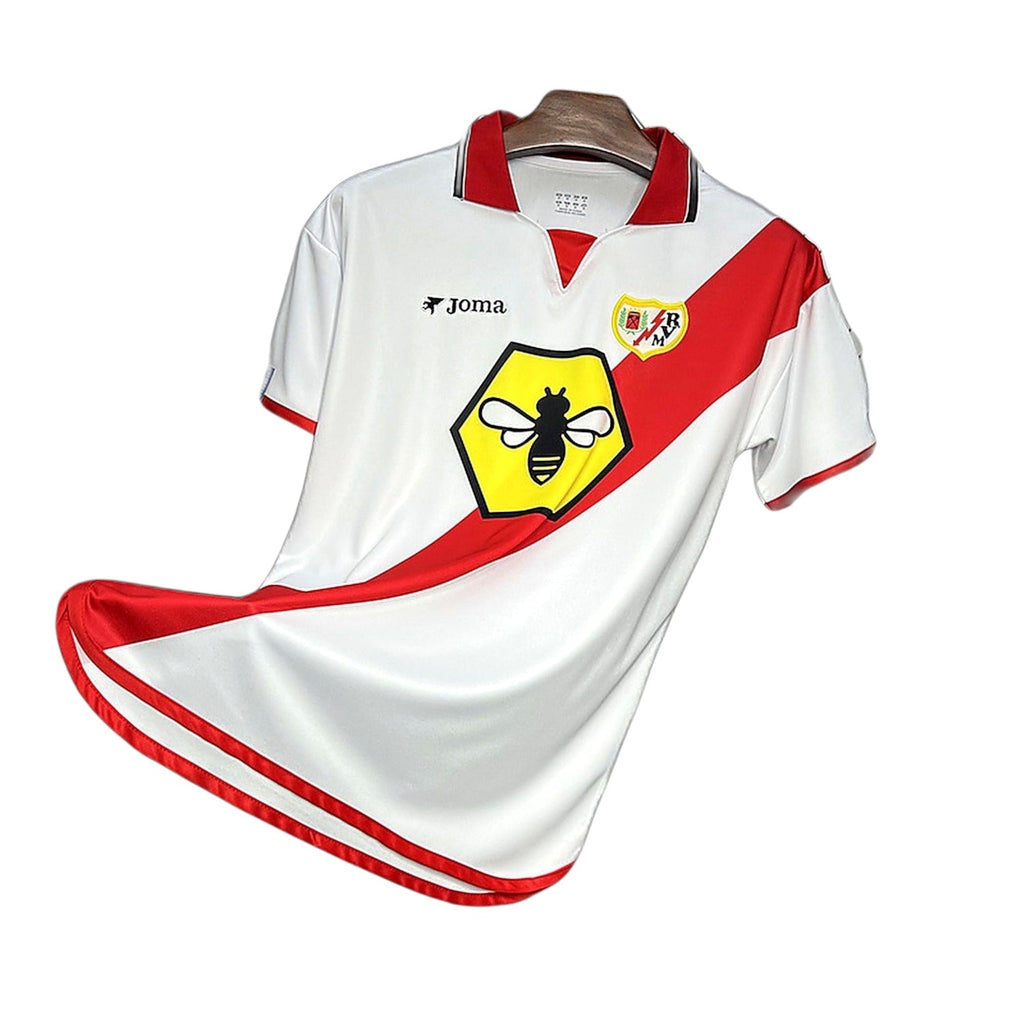 Archive Football Rayo Vallecano 2001/02 home retro jersey in white with red sash, bee sponsor logo, and polo collar.