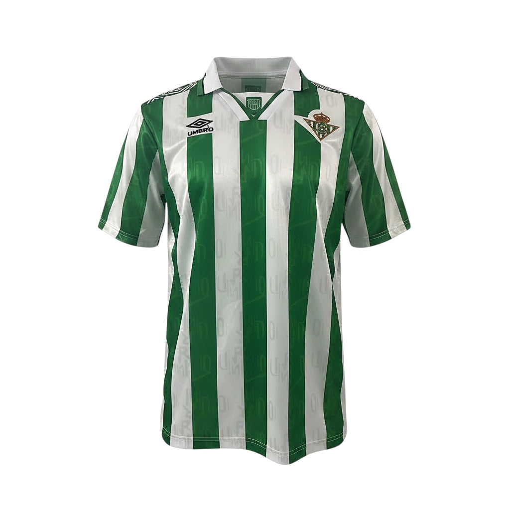 Archive Football Real Betis 1994/95 retro home jersey with green and white stripes, polo collar, and embroidered crest.