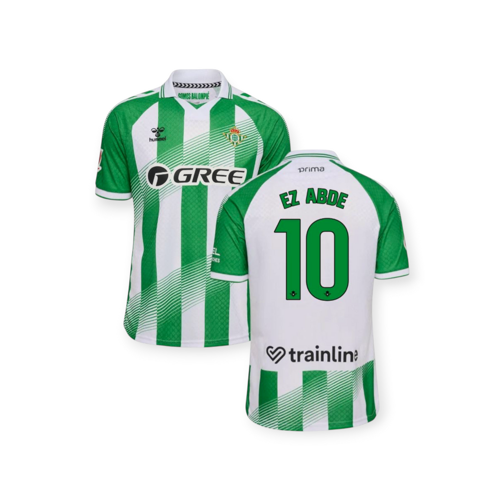 Archive Football Abde Real Betis 2026/27 home jersey featuring green and white stripes with player name and number 10.