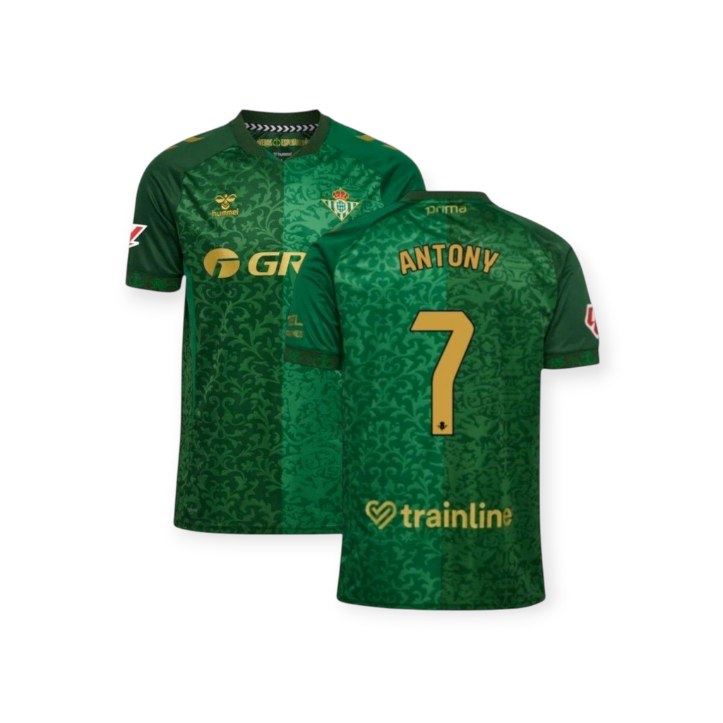 Archive Football Real Betis 2026/27 away jersey in green with intricate patterns, Antony name and number 7 on back.