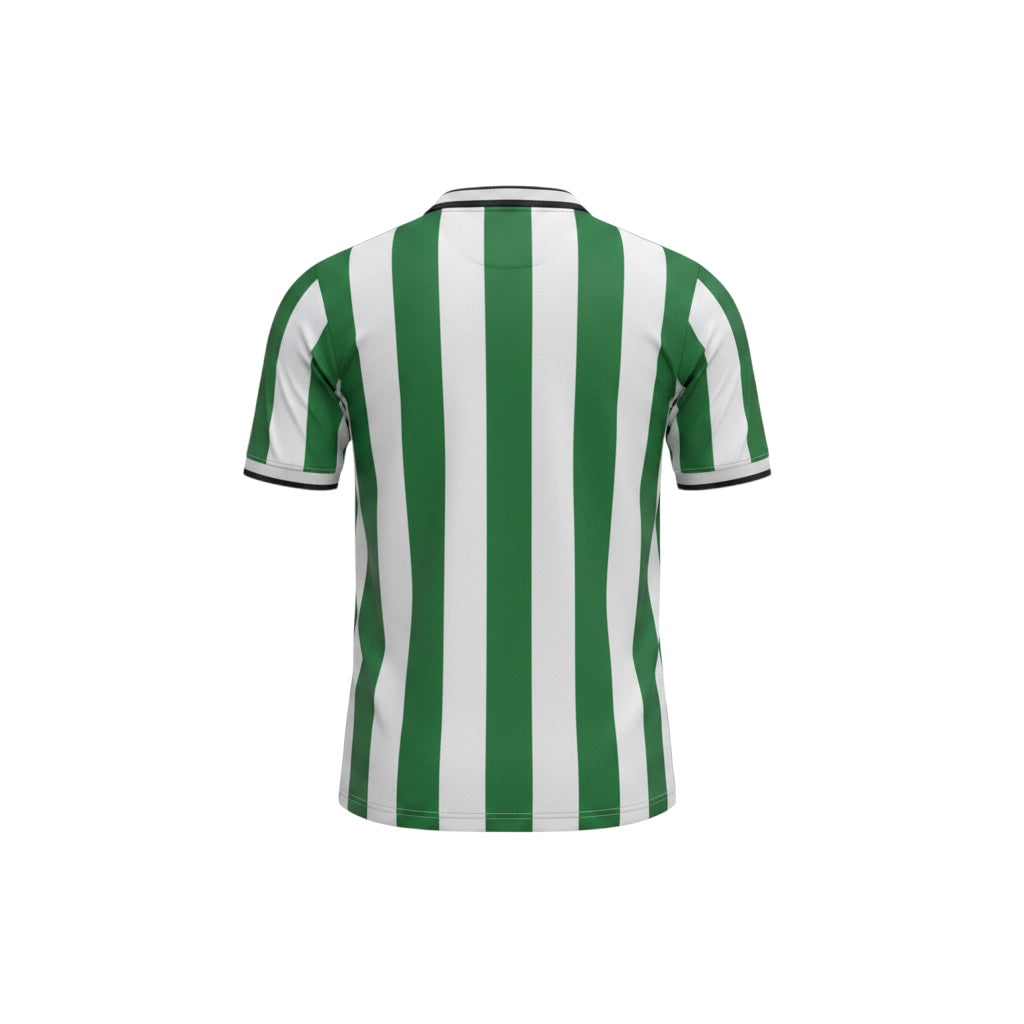 Archive Football Real Betis 1988/89 retro home jersey, back view featuring green and white vertical stripes.