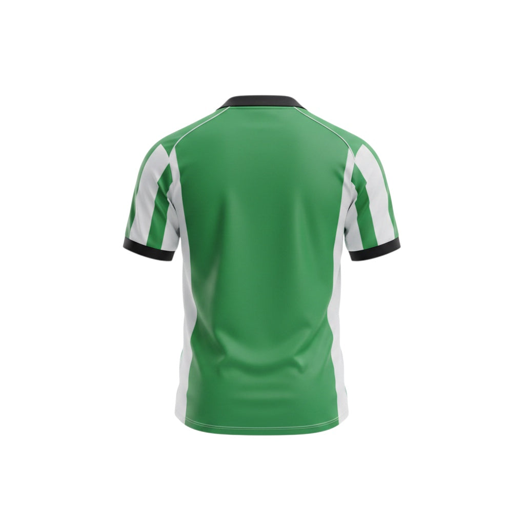 Archive Football Real Betis 1998/99 retro home jersey, back view featuring green and white stripes and black trim.