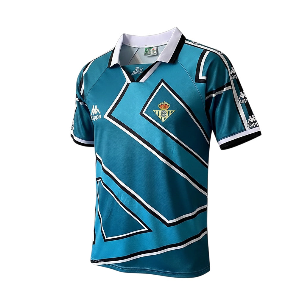 Archive Football Real Betis 1995/97 third retro jersey in teal with white collar and geometric black and white trim.