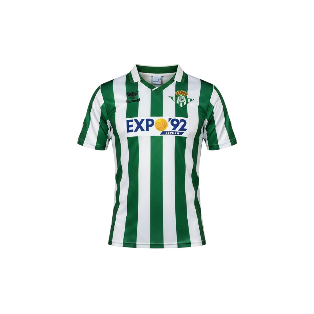 Archive Football Real Betis 1988/89 retro home jersey in green and white stripes with embroidered crest and logo