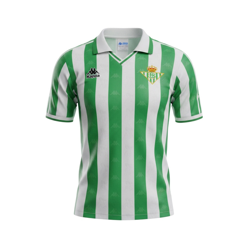 Archive Football Real Betis 1995/97 retro home jersey with green and white stripes, polo collar, and Kappa logo.