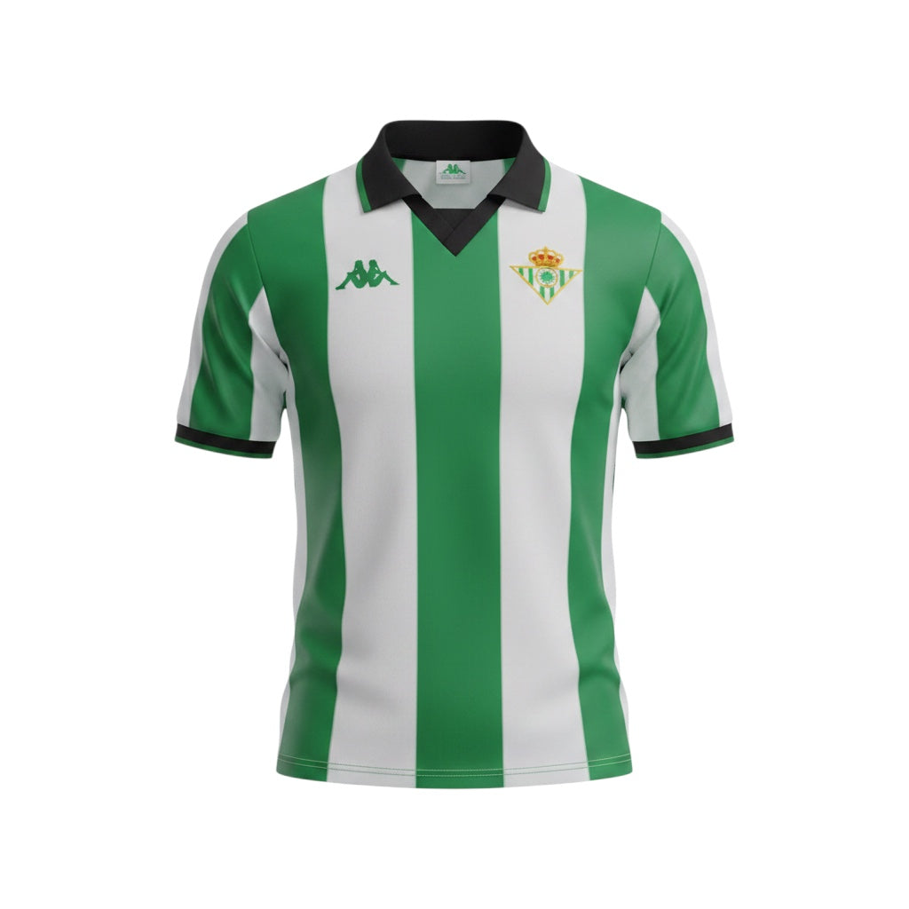 Archive Football Real Betis 1998/99 home retro jersey featuring green and white vertical stripes and a black collar.