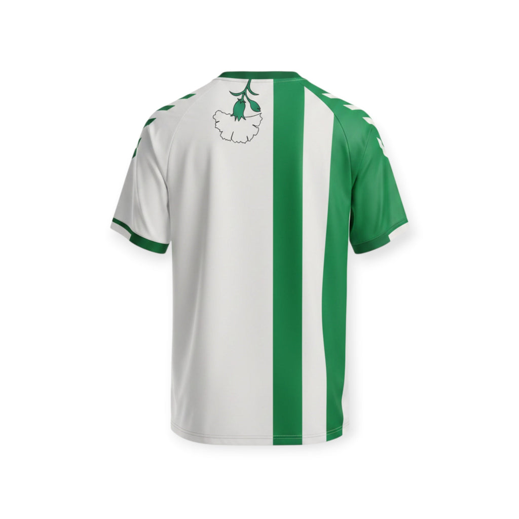 Archive Football Real Betis 2026/2027 special edition jersey, back view with green and white stripes and floral detail