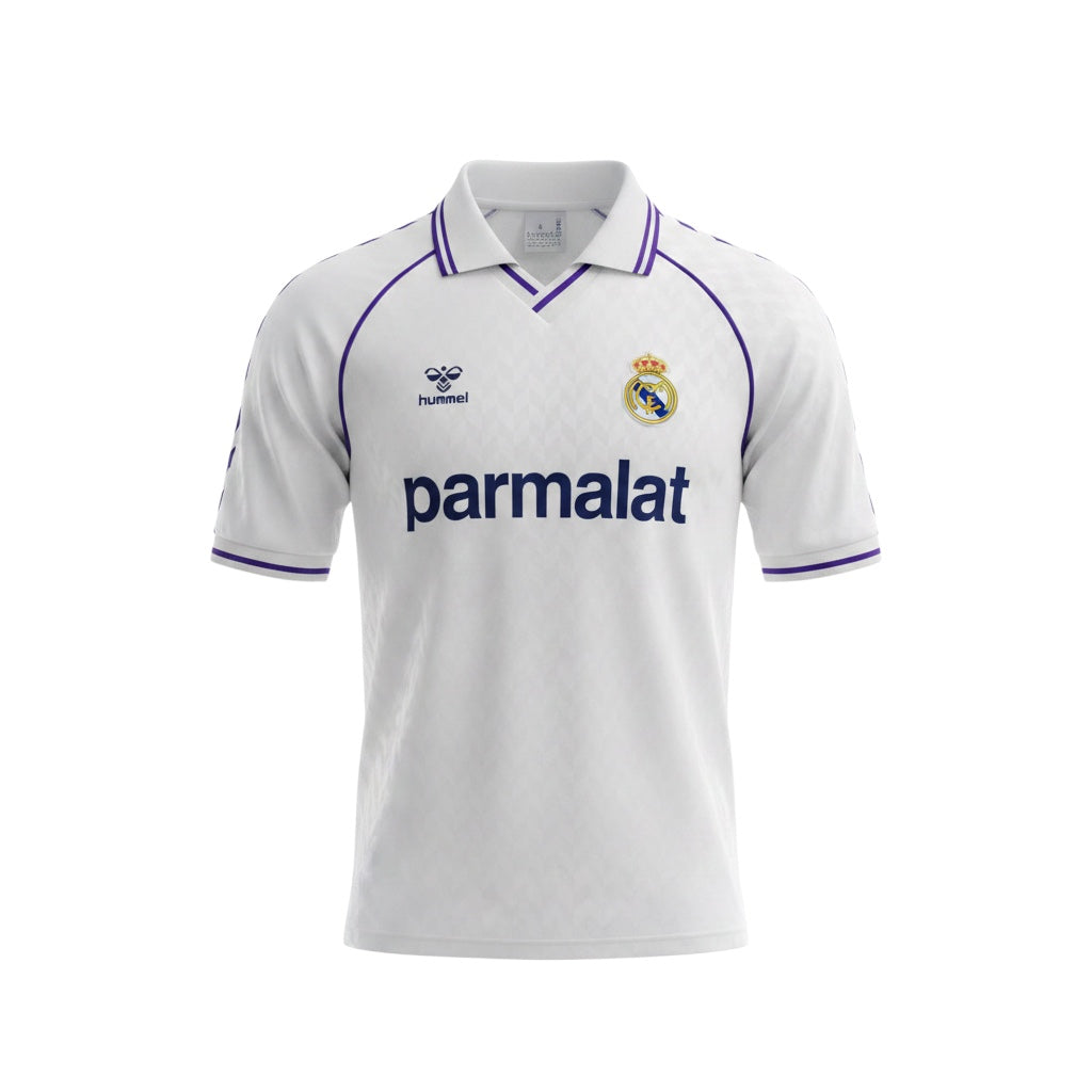 Archive Football Real Madrid 1988/89 retro home jersey in white with purple trim, embroidered crest and sponsor logo.