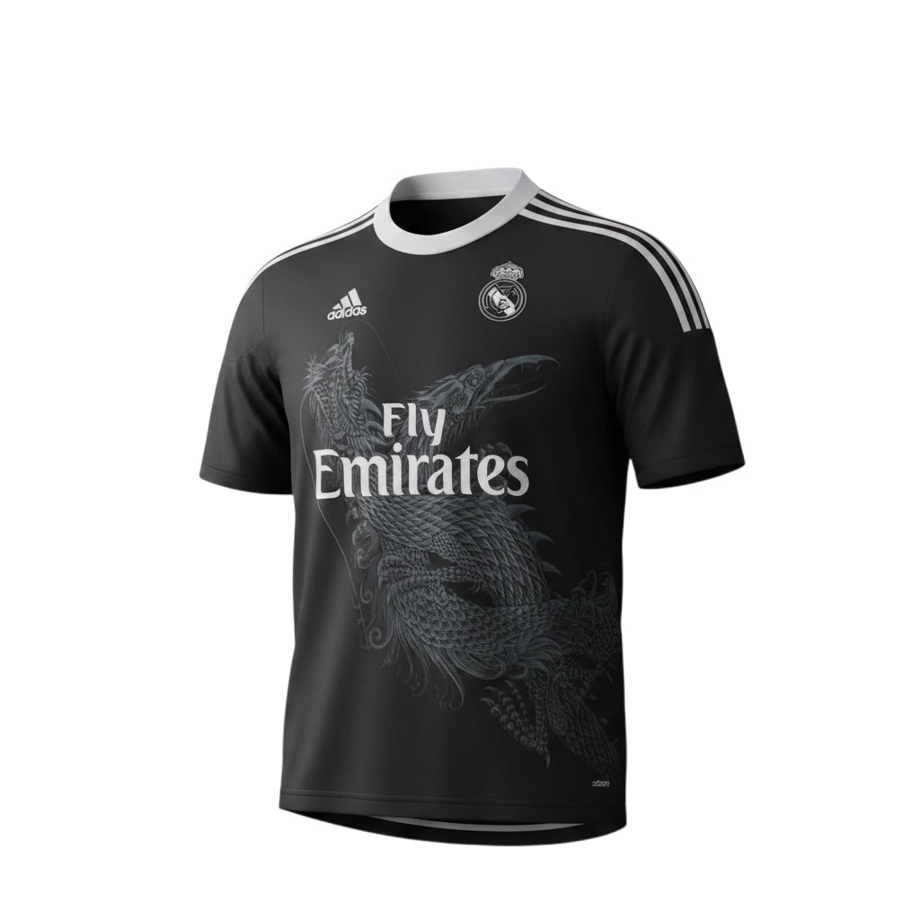 Archive Football Real Madrid 2014/15 third retro jersey in black with white dragon graphic and embroidered crest