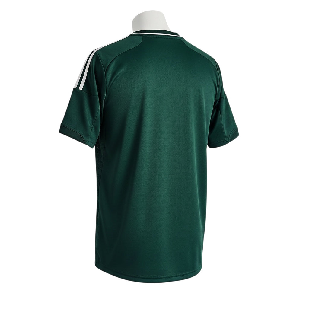 Archive Football Real Madrid 2012/13 third retro jersey in dark green with white shoulder stripes, back view.