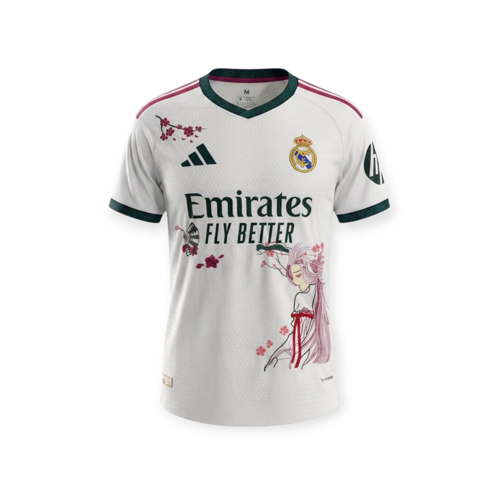 Archive Football Real Madrid 2026-2027 home jersey in white with cherry blossom graphic and embroidered team emblem
