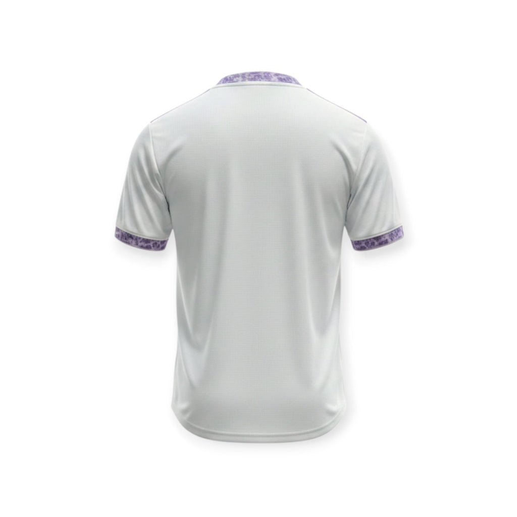 Back view of the white Archive Football Real Madrid 2026/2027 special edition jersey with purple patterned trim.