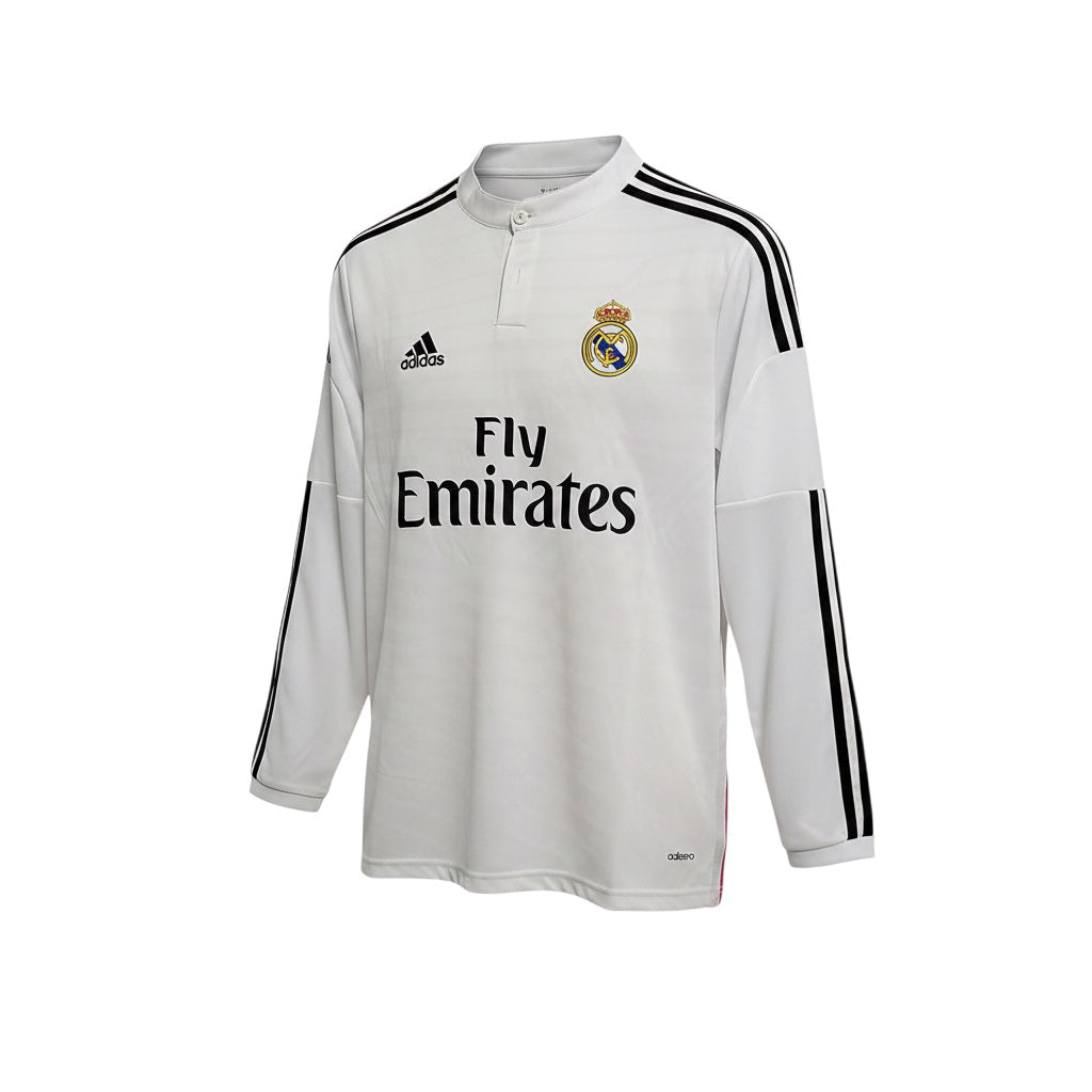 Archive Football Real Madrid 2014/15 long-sleeve white home jersey with embroidered crest and sponsor logo