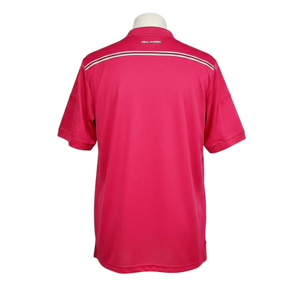 Archive Football Real Madrid 2014/15 away retro jersey in vibrant pink with white detailing on the back view.