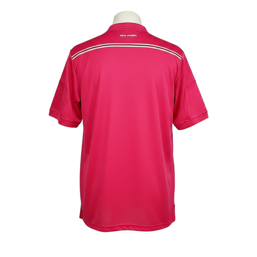 Archive Football Real Madrid 2014/15 away retro jersey in vibrant pink with white detailing on the back view.