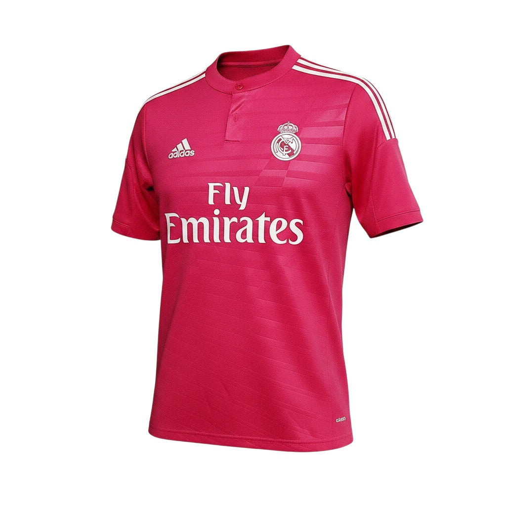 Archive Football Real Madrid 2014/15 away retro jersey in vibrant pink with white sponsor logos and embroidered crest