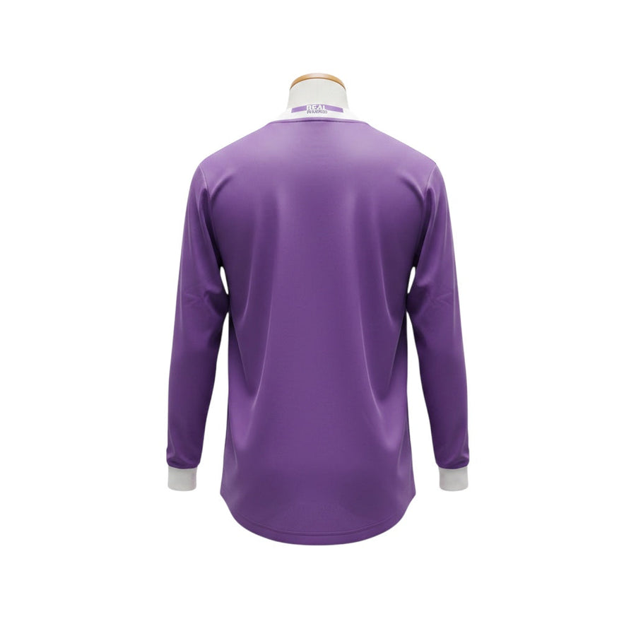 Archive Football Real Madrid 2016/17 retro away jersey in purple with long sleeves, back view on a mannequin.