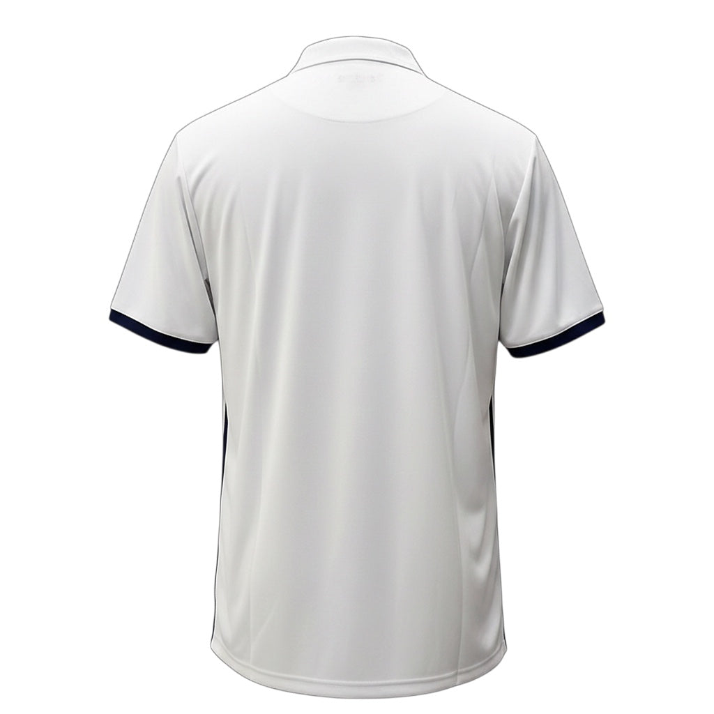 Archive Football Real Madrid 2016/17 home retro jersey in white with navy blue sleeve trim, back view