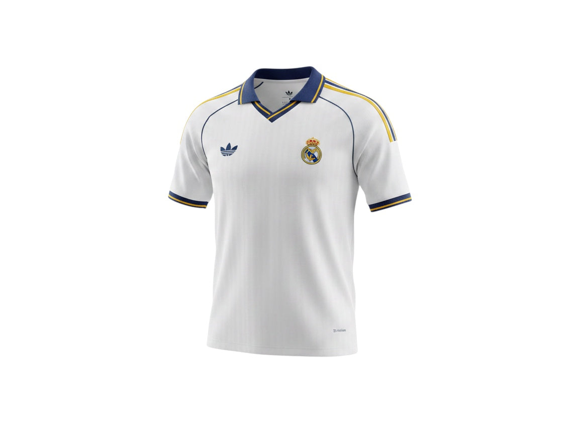 Archive Football Real Madrid 2026/2027 special edition white jersey with blue and yellow trim and polo collar
