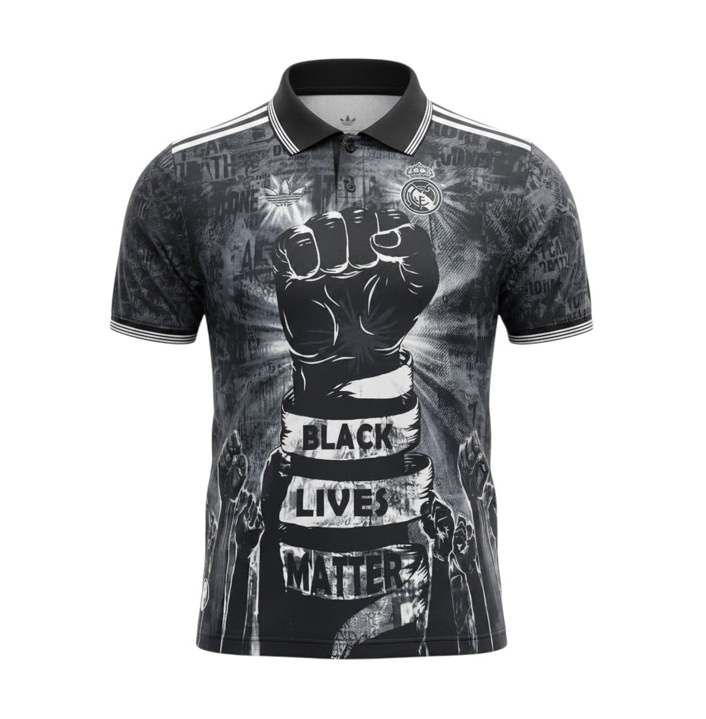 Archive Football Real Madrid special edition black polo jersey featuring a raised fist graphic and text design.