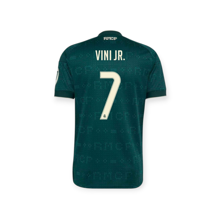 Archive Football Real Madrid 2026/27 away jersey in dark green with Vinicius Jr. name and number 7 on the back