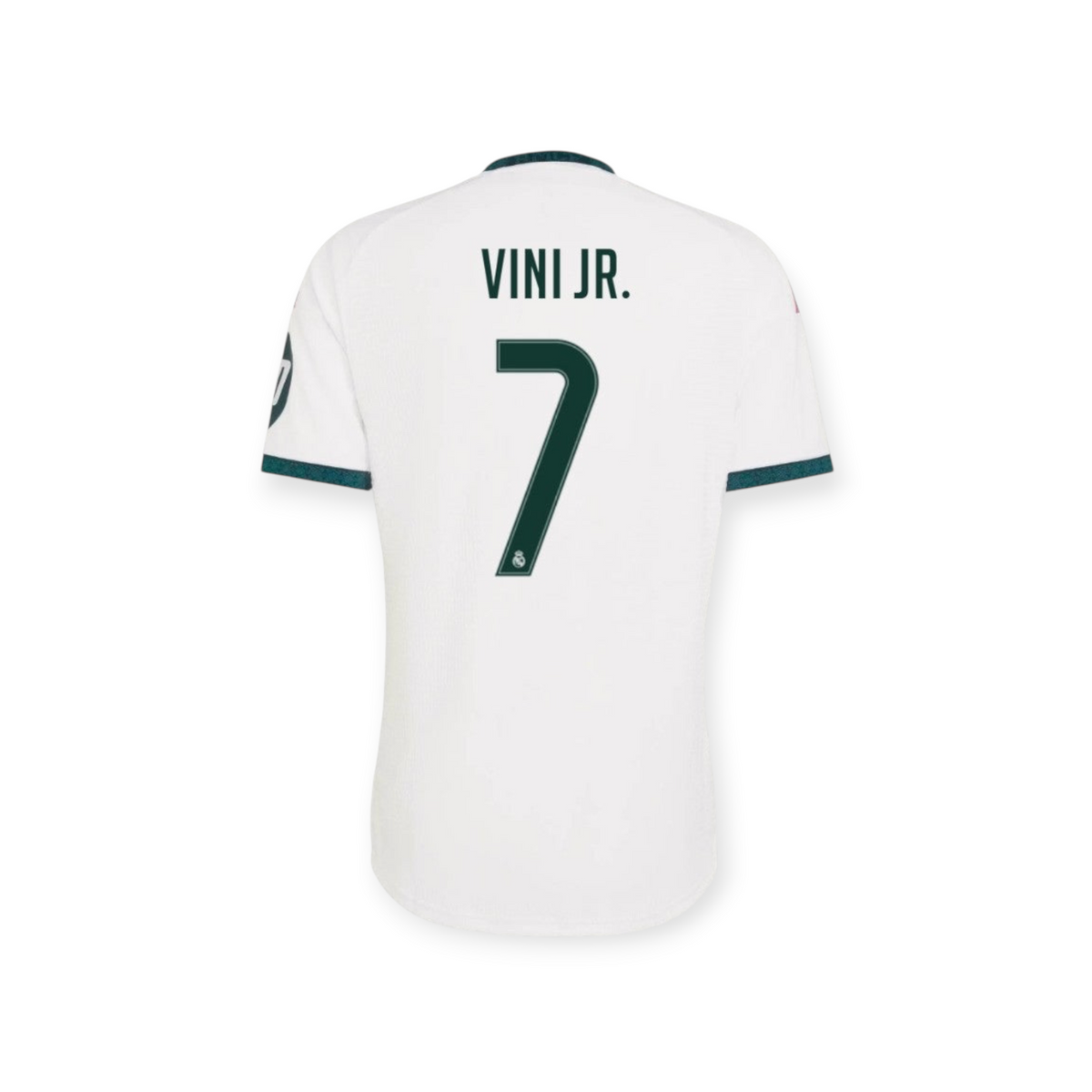 Archive Football Real Madrid 2026/27 home jersey back view with Vinícius Jr. name and number 7 in dark green