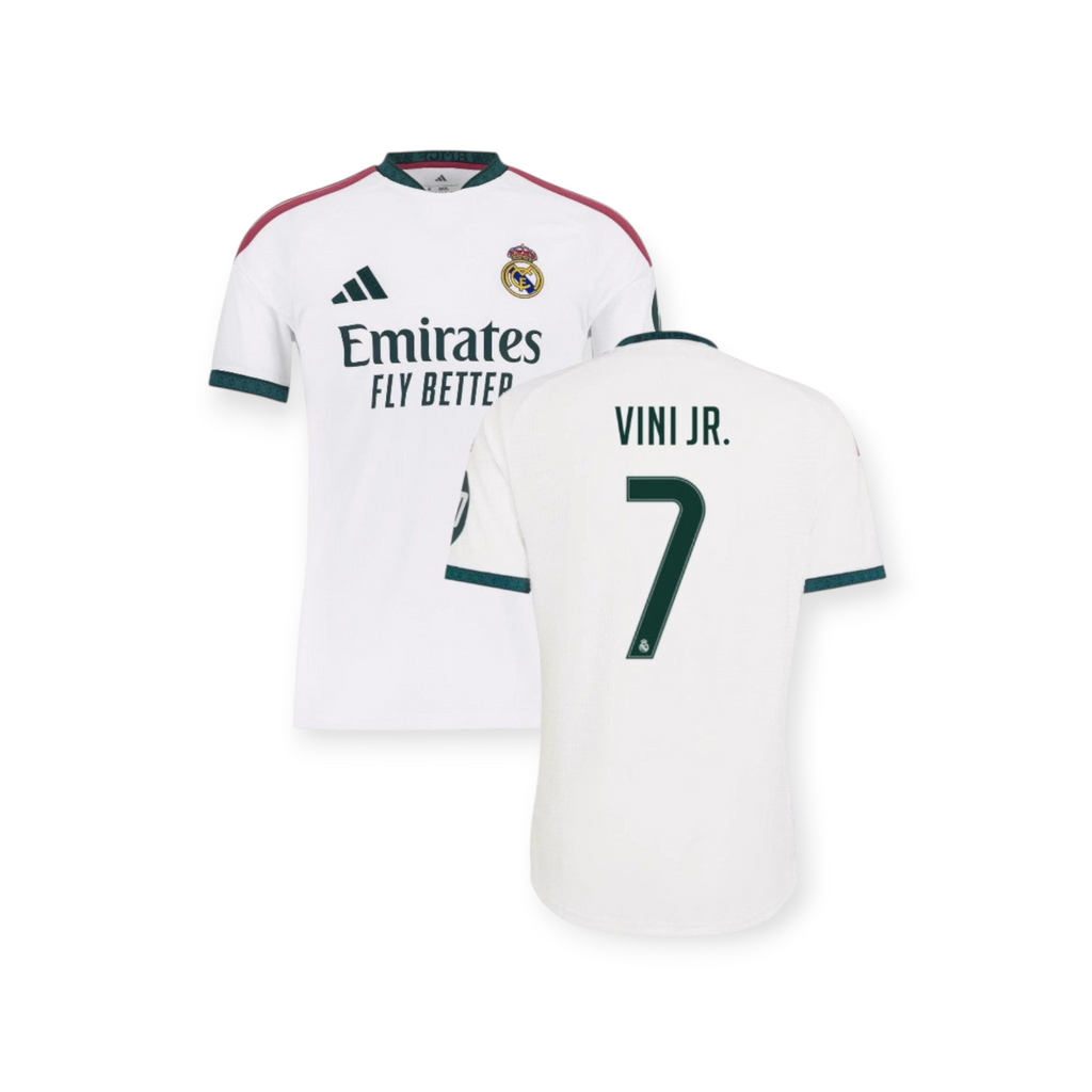 Archive Football Real Madrid 2026/27 home jersey with Vinícius Jr. name and number 7 in white and dark green