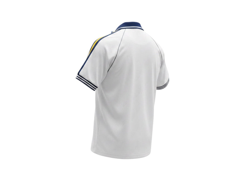 Archive Football Real Madrid 2026/2027 special edition white jersey with blue and yellow shoulder stripes, back view