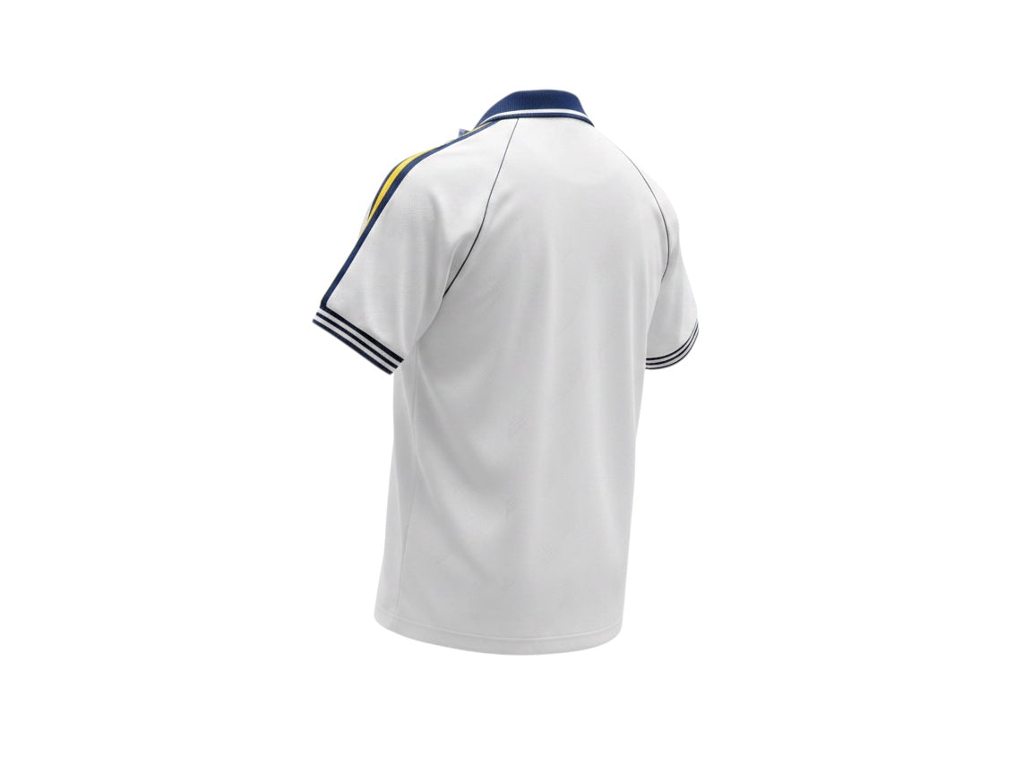 Archive Football Real Madrid 2026/2027 special edition white jersey with blue and yellow shoulder stripes, back view