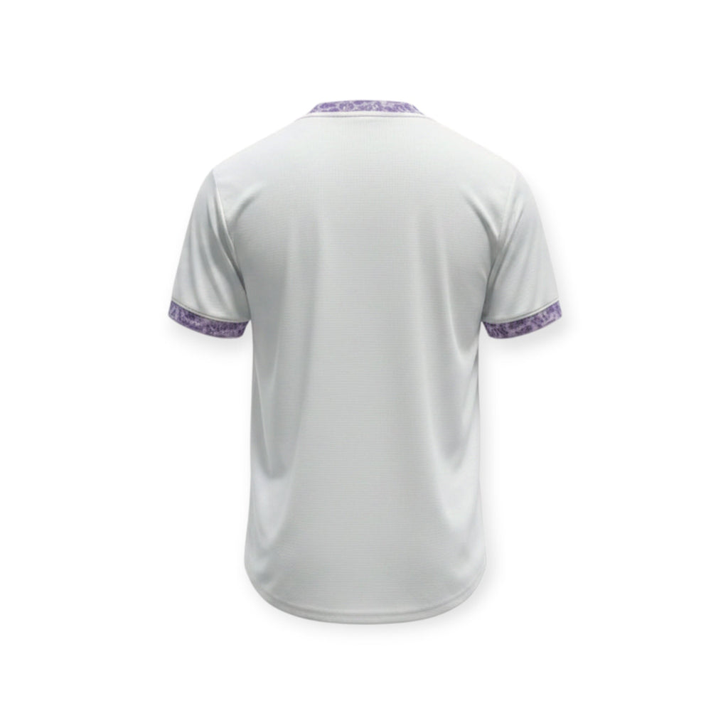 Archive Football Real Madrid 2026/2027 special edition jersey in white with purple patterned trim, back view.
