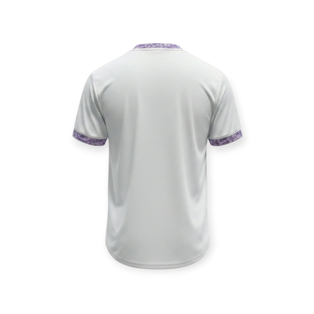 Archive Football Real Madrid 2026/2027 special edition jersey in white with purple patterned trim, back view.