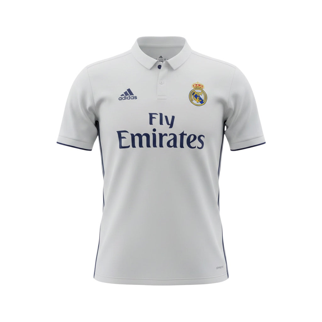 Archive Football Real Madrid 2016/17 white home jersey with polo collar, embroidered crest, and sponsor logo.