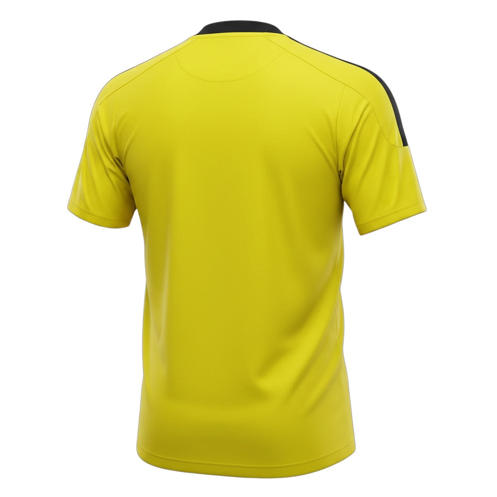 Archive Football Real Madrid 2011/12 retro goalkeeper jersey in yellow with black shoulder stripes, back view.