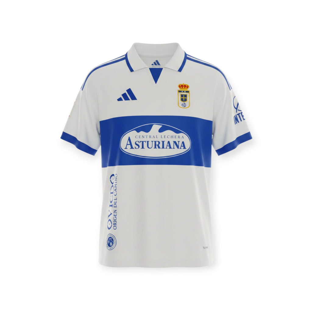 Archive Football Real Oviedo 2026/2027 away jersey in white and blue with high-density team emblem and sponsor logos.